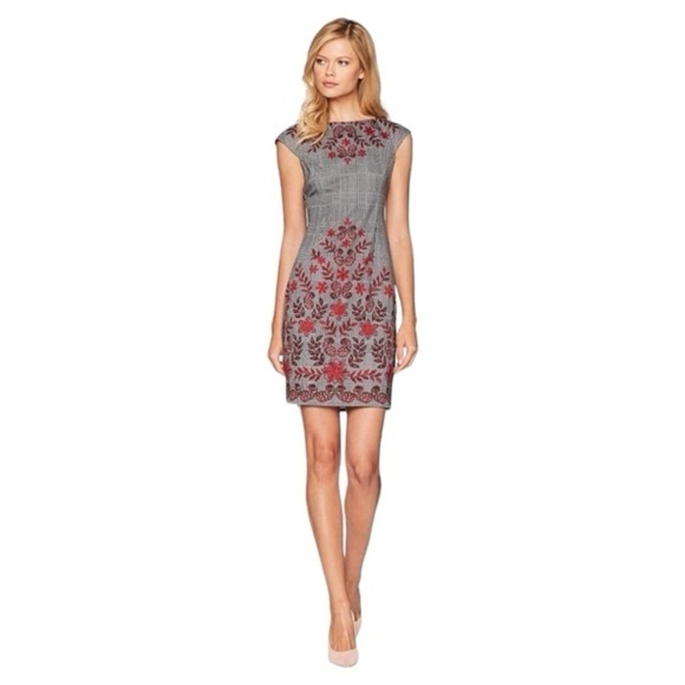 London Style Collection Plaid Floral Embroidered Mini Dress size 18 Red Black